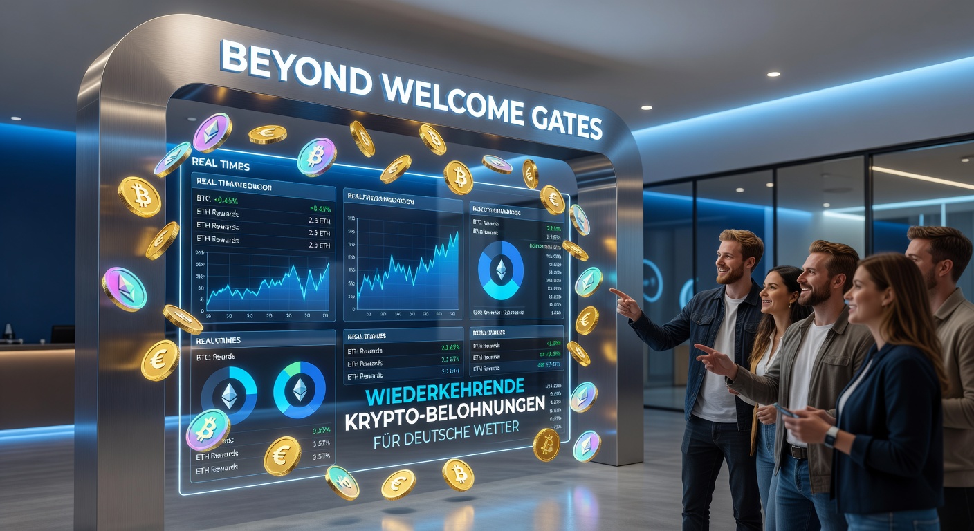 Deutsche Wetter vor einem Bildschirm mit Krypto-Wallet und Wetten-Plattform, die recurring Rewards anzeigen