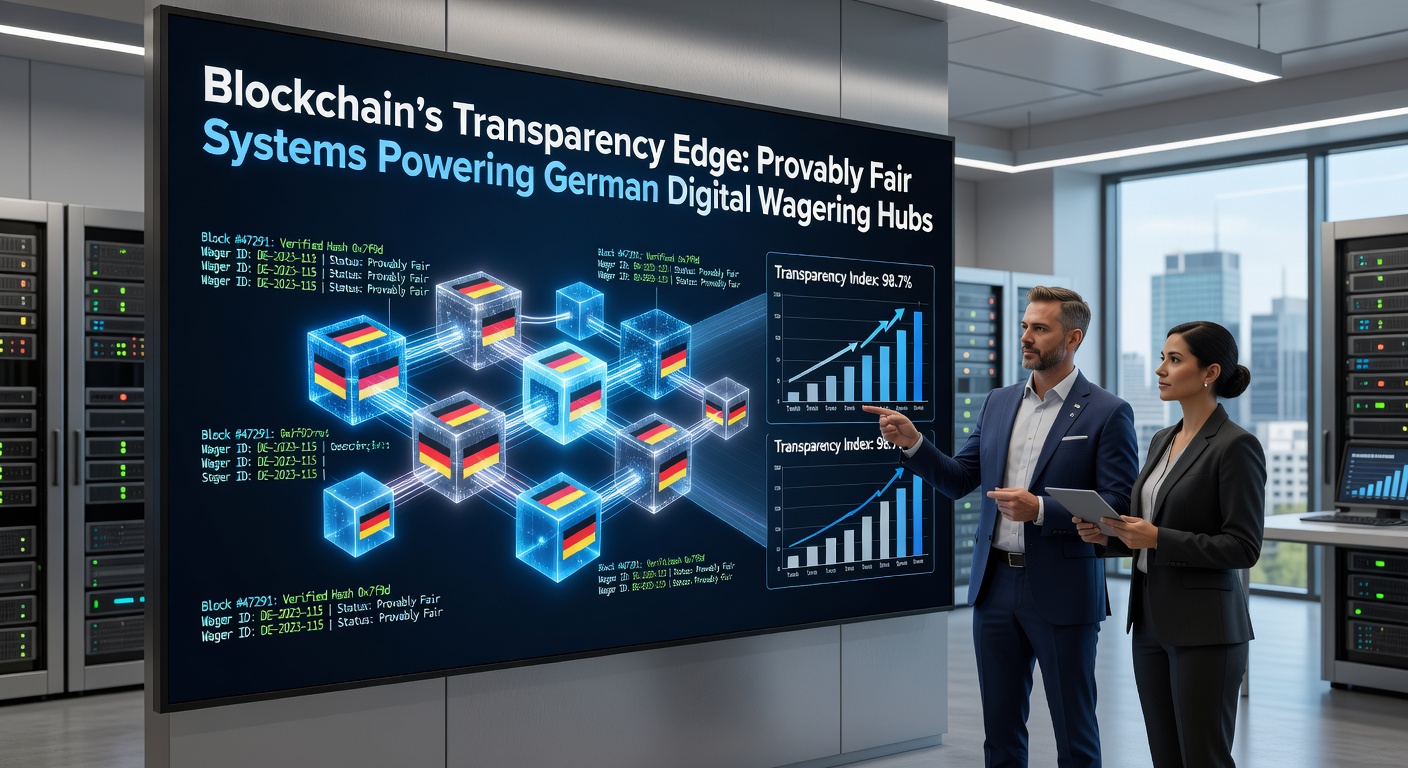 Blockchain-Technologie visualisiert Transparenz in digitalen Wettsystemen mit Ketten aus Blöcken und verschlüsselten Datenströmen