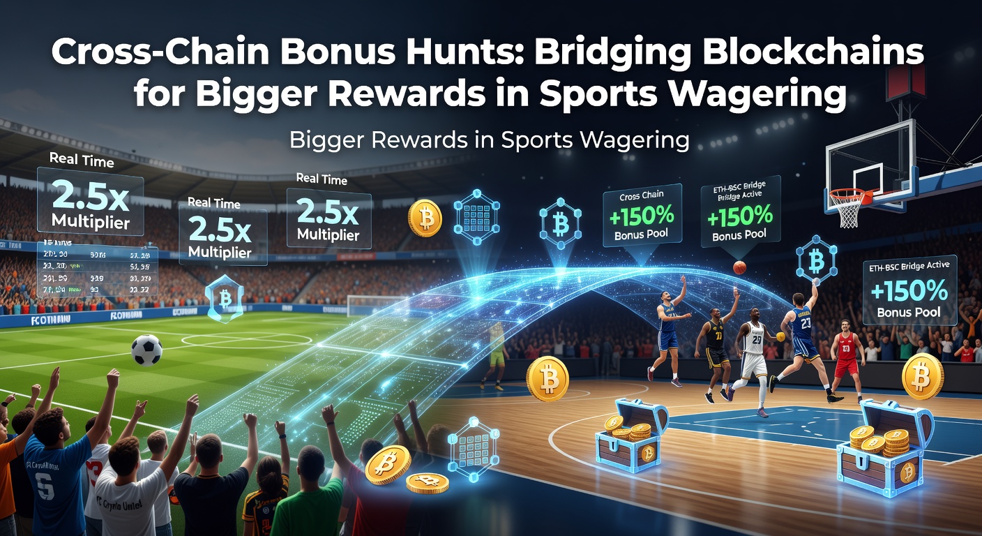 Darstellung einer Blockchain-Brücke, die Token zwischen Ethereum und Solana verbindet, mit Sportwetten-Elementen wie Fußbällen und Wettquoten im Hintergrund