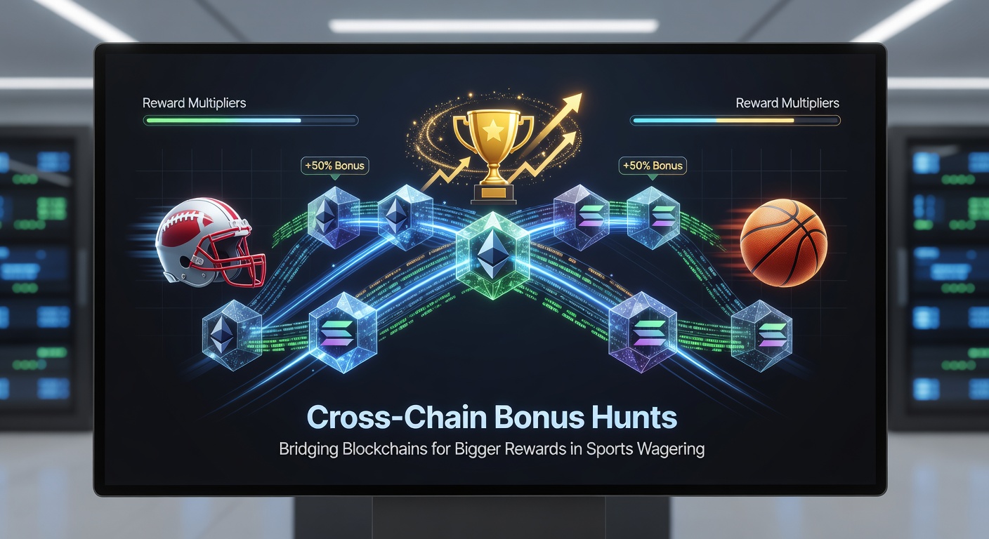 Grafik mit Cross-Chain-Transfers in einem Sportwetten-Dashboard, zeigend Bonus-Stacking über Ethereum, Polygon und Base mit Echtzeit-Quoten für Bundesliga-Spiele