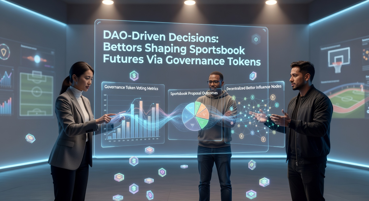 Grafik einer dezentralen autonomen Organisation (DAO), in der Token-Halter abstimmen und Sportwetten-Optionen beeinflussen, mit Blockchain-Elementen und Wettikonen