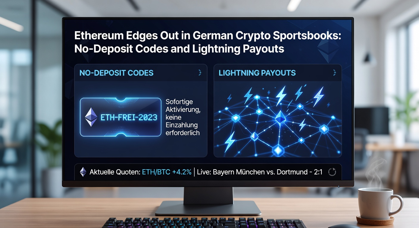Schnelle Ethereum-Transaktionen visualisiert durch Blitze und Sportevent-Icons auf einer deutschen Wettplattform