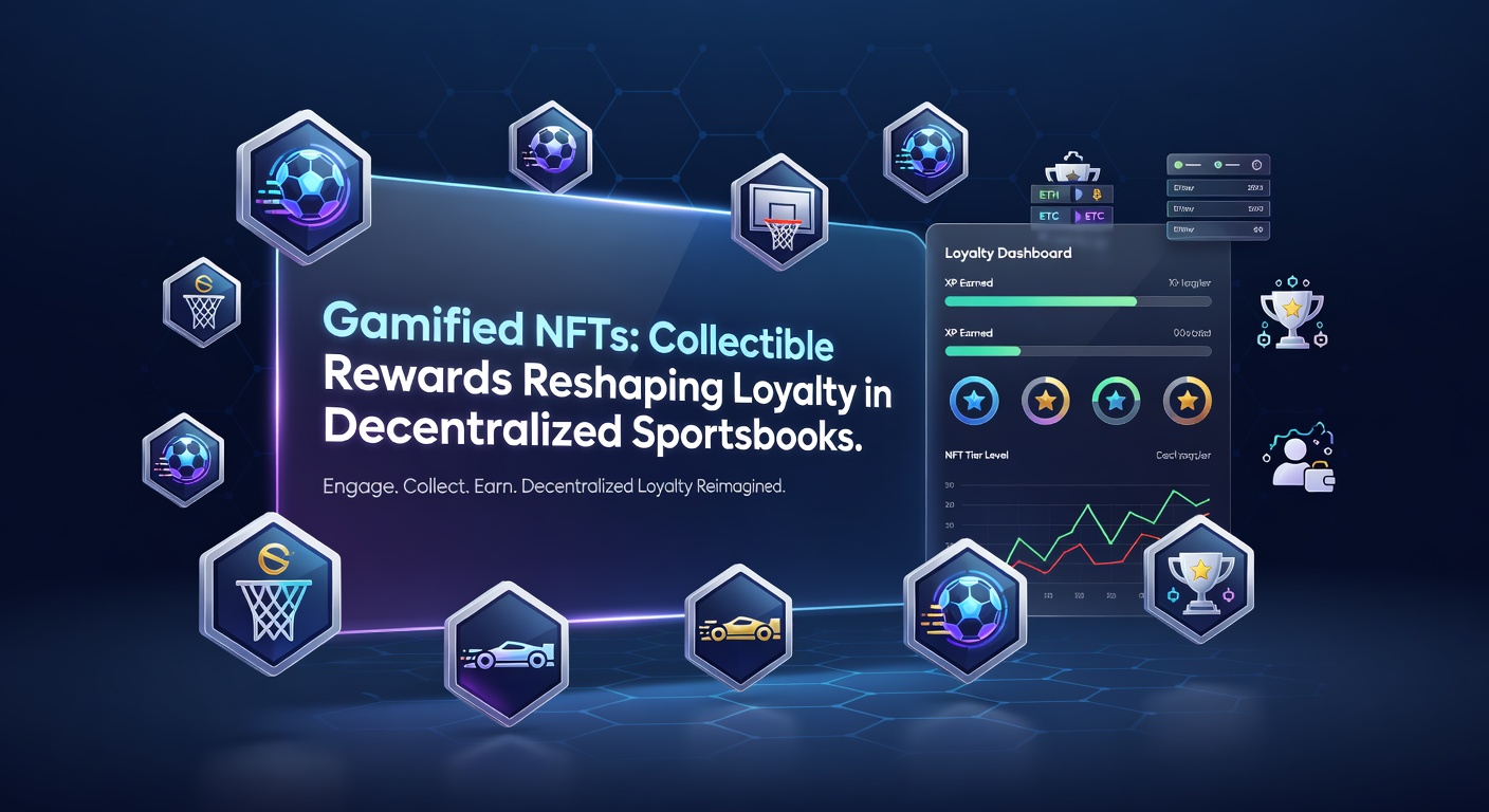 Grafik zeigt gamifizierte NFT-Sammlungen in einer Sportwetten-App mit Belohnungssystemen und Blockchain-Elementen