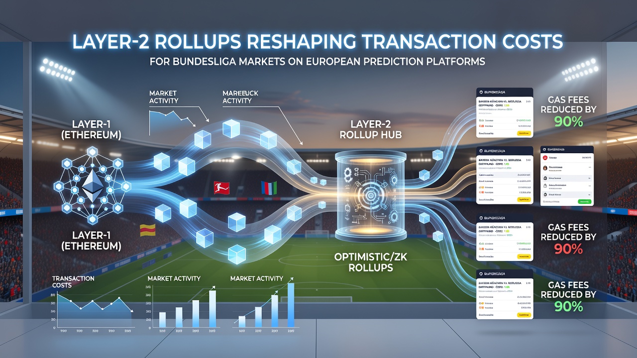 Darstellung von reduzierten Gebührenstrukturen und Transaktionsflüssen in Layer-2-basierten Vorhersagemärkten für europäische Sportevents