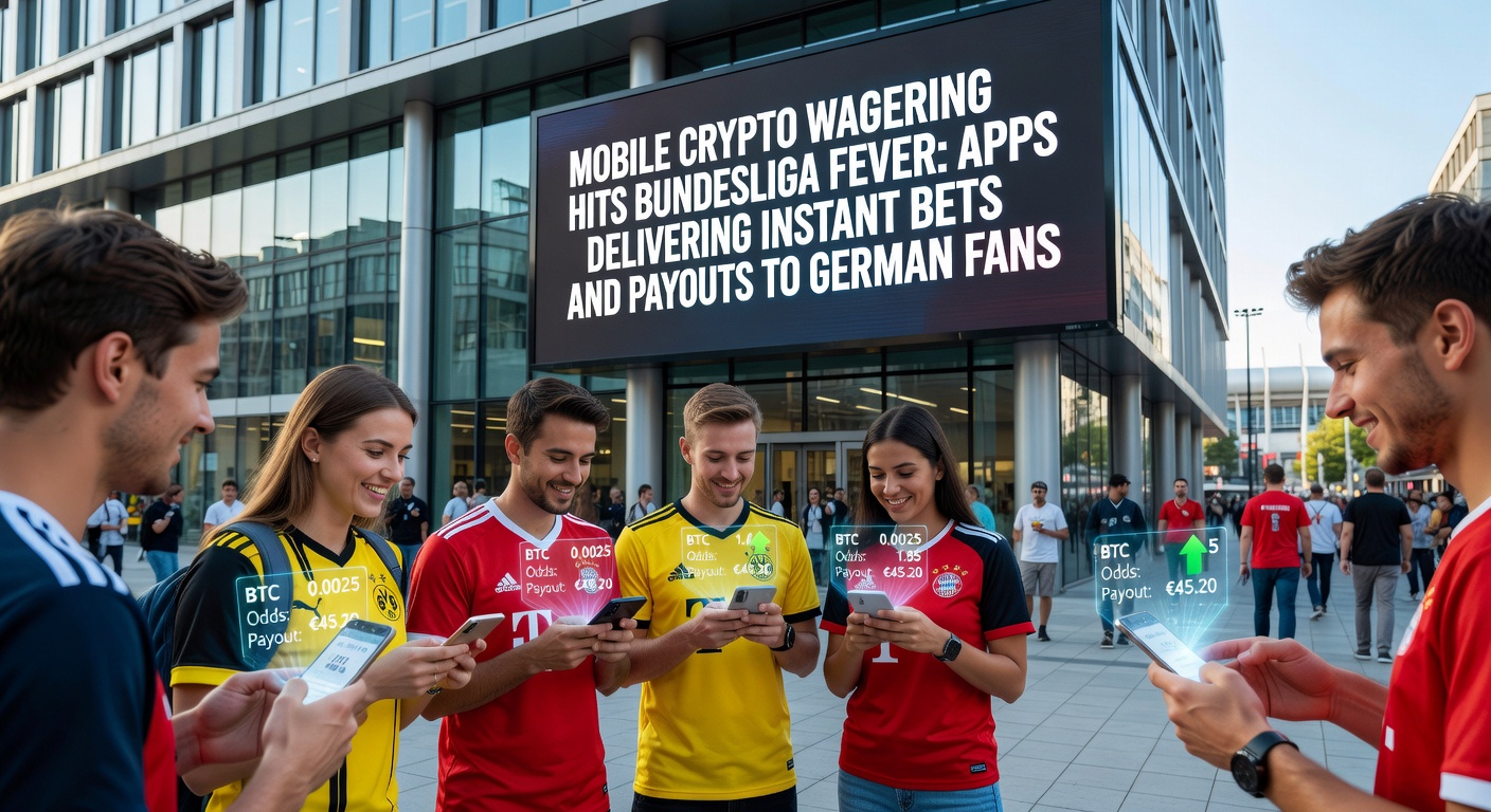 Smartphone mit Bundesliga-Match und Krypto-Wallet-App, die eine Live-Wette auf FC Bayern zeigt