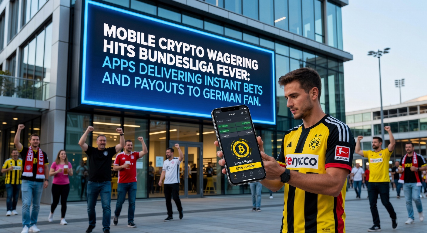 Grafik mit steigenden Kurven zu Krypto-Transaktionen während eines Bundesliga-Spiels, inklusive App-Screenshots von Wetten auf Borussia Dortmund